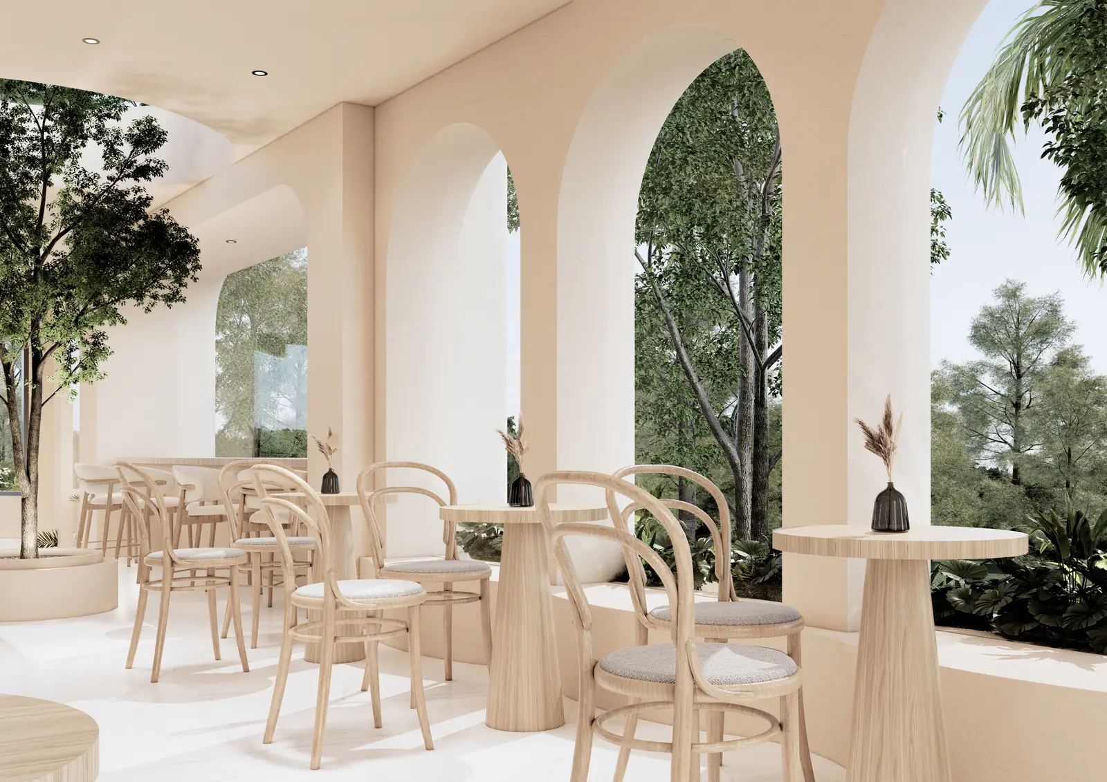 The Coco Boulevard resort cafe with rattan seating and arches