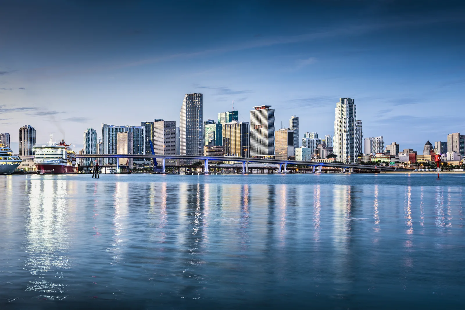 Downtown Miami waterfront skyline at dusk, the Brickell district