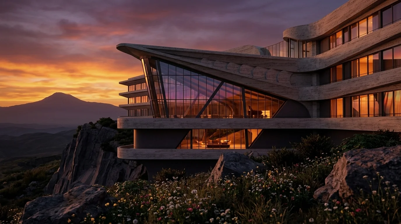 Valmont Armenia resort exterior at sunset above the Arzni gorge, Armenia