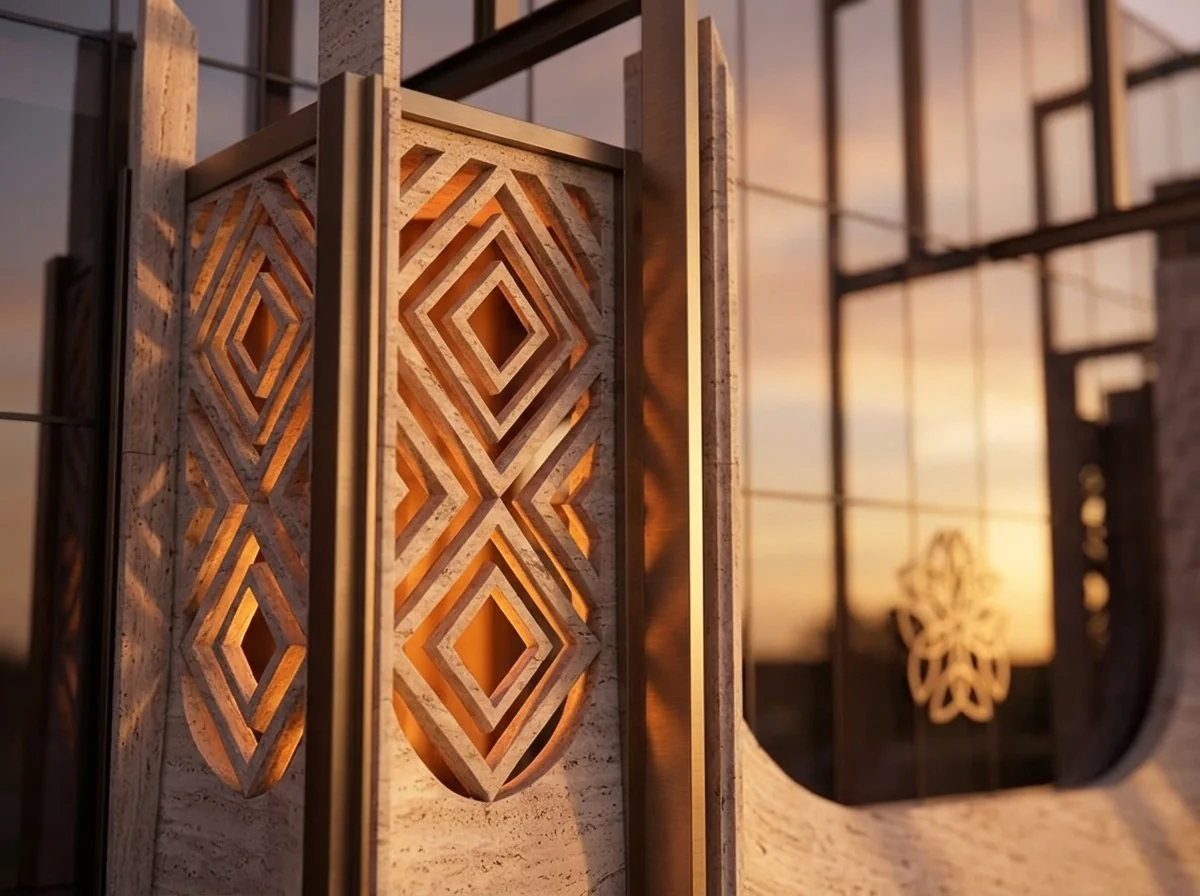 Valmont Armenia carved timber screen with the resort emblem, architectural detail
