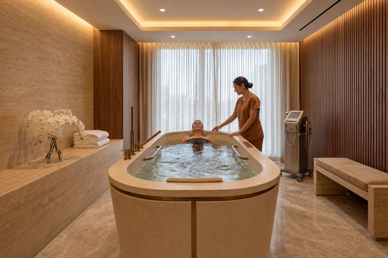 Valmont Armenia hydrotherapy treatment bath in a timber-lined wellness room