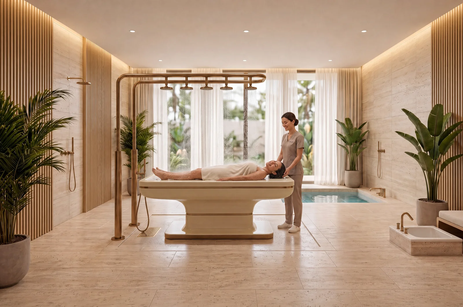 Valmont Armenia spa treatment suite with private hydro pool and daylight