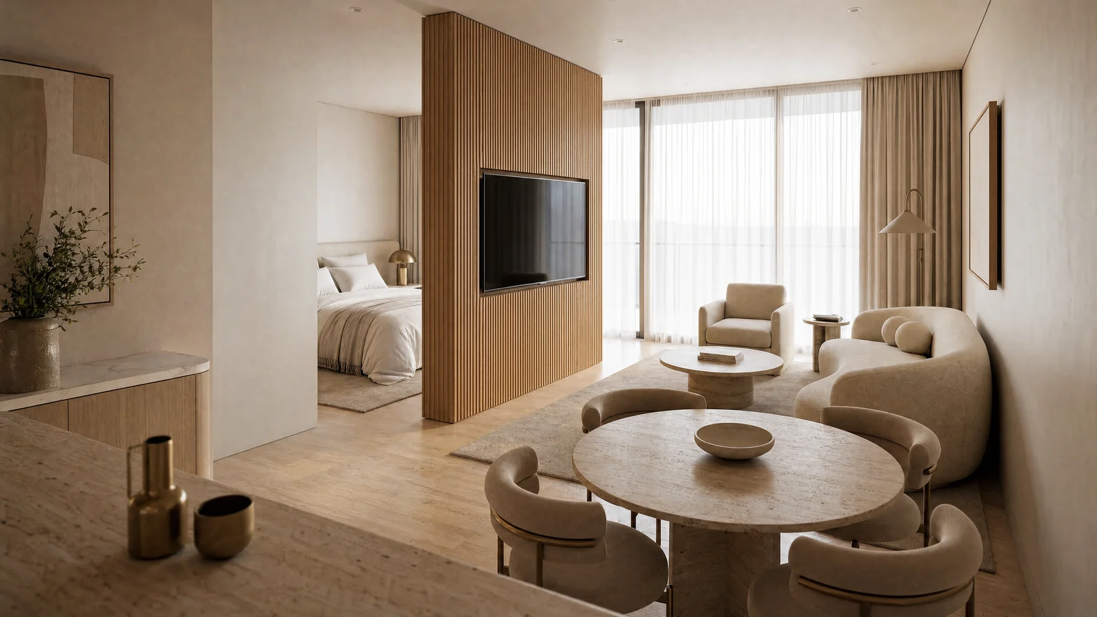 Valmont Armenia Junior Suite living area with round dining table and lounge seating