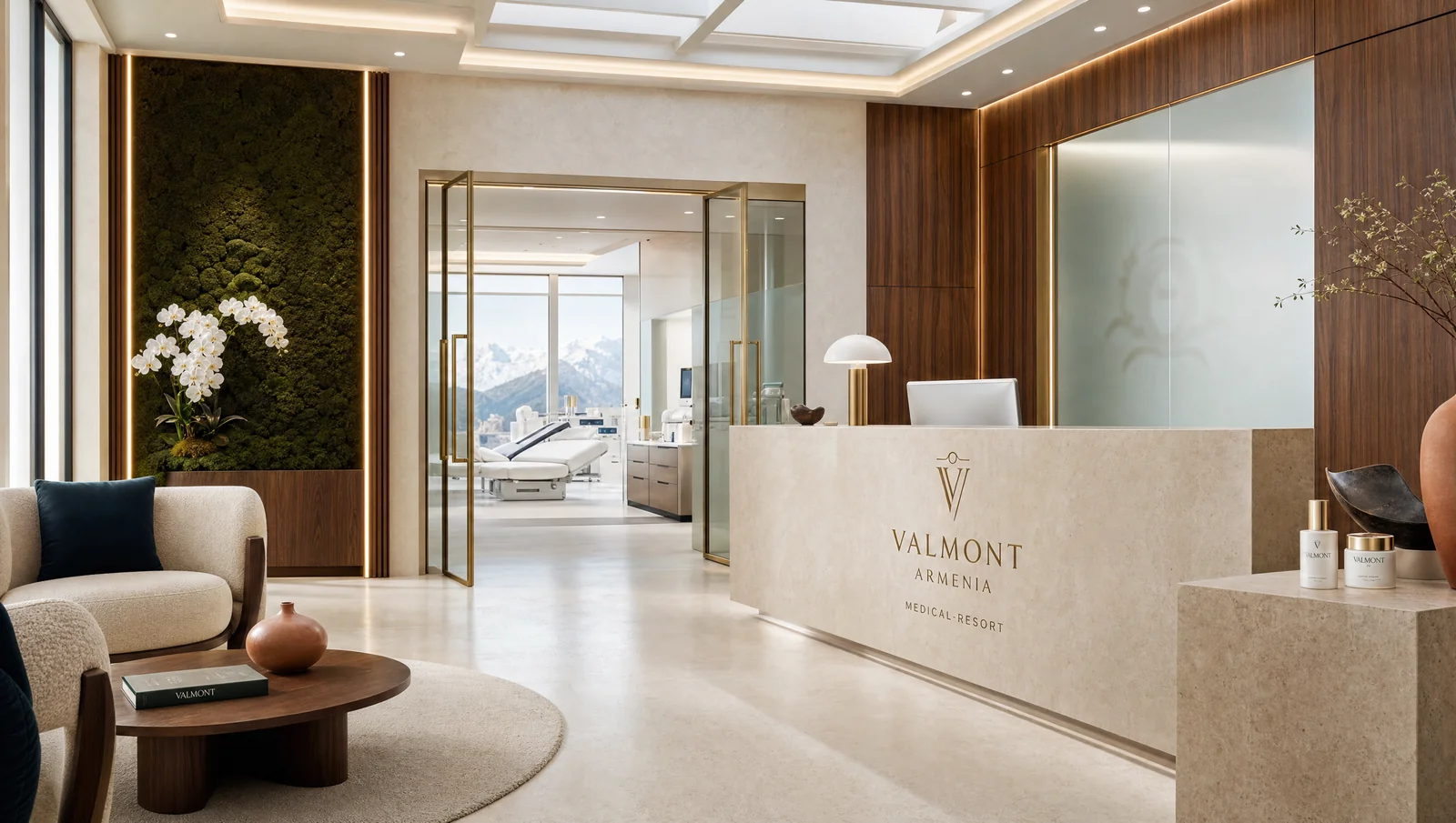 Valmont Armenia reception lobby with timber screens and living green wall