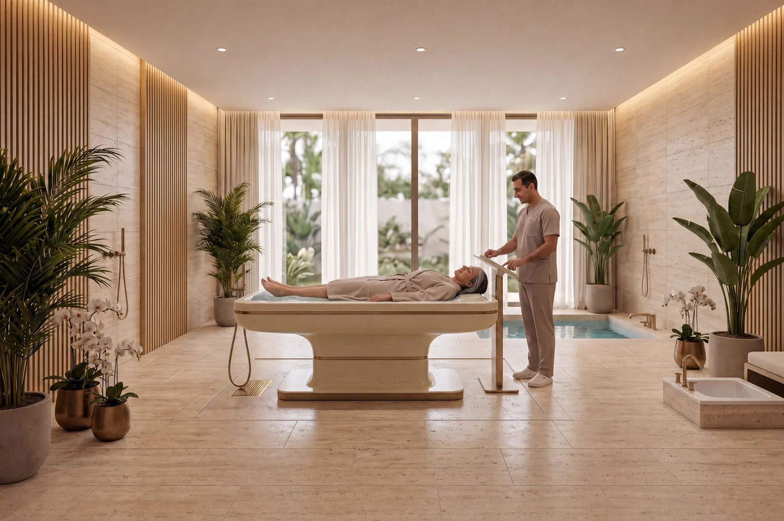 Valmont Armenia medical treatment room with examination table and garden view