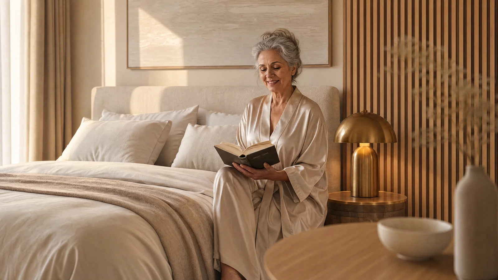 Valmont Armenia suite bedroom with warm oak detailing and soft natural light