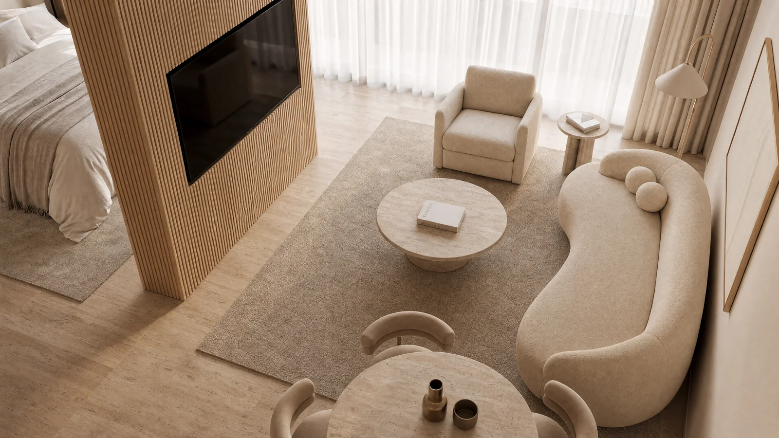 Valmont Armenia suite living and dining space with panoramic window seating
