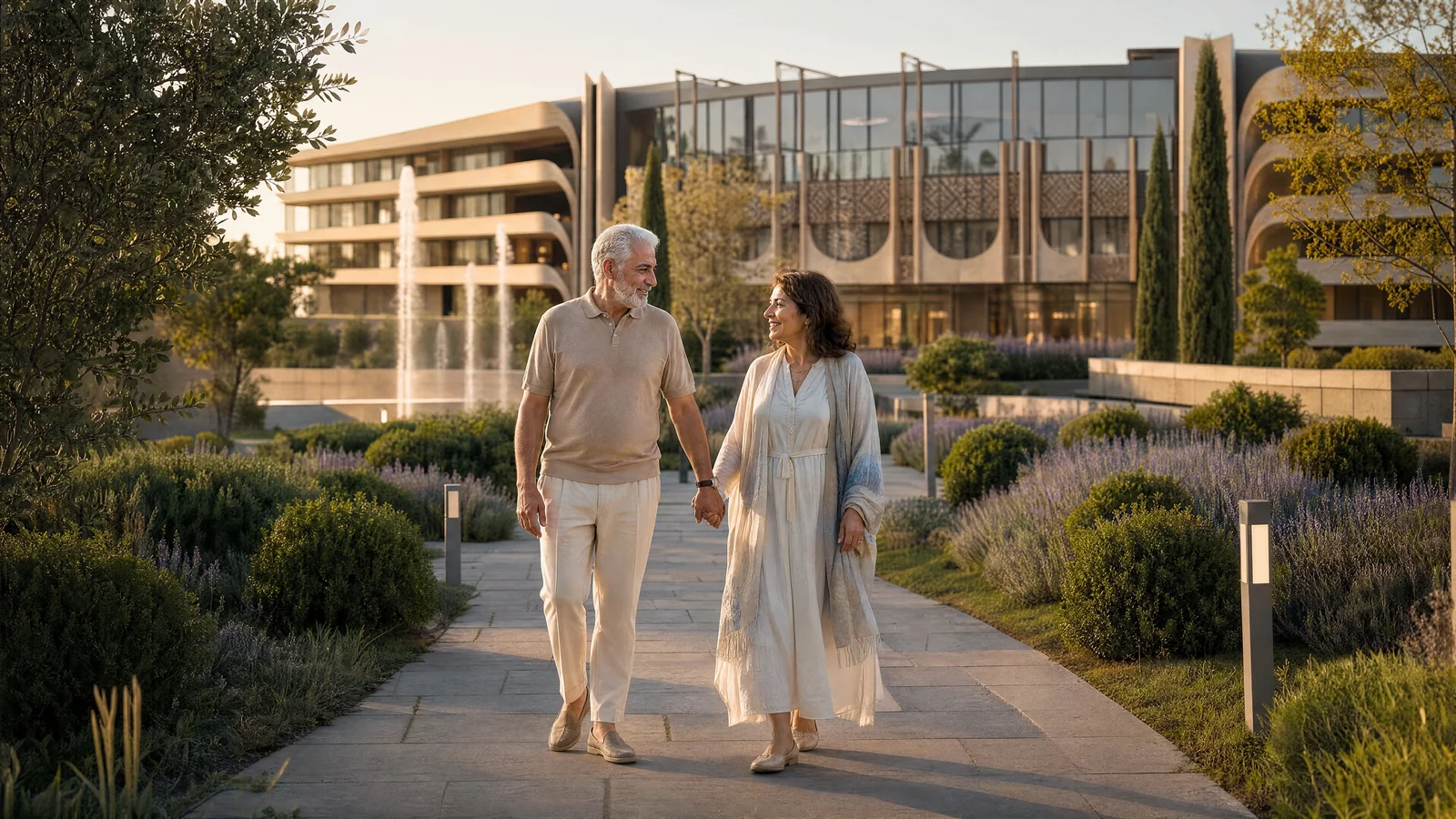 Valmont Armenia residents walking the landscaped garden grounds beside the resort
