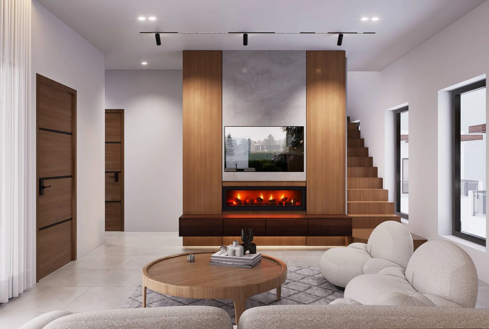 Levante Villas living room with fireplace feature wall and staircase, Skroponeria