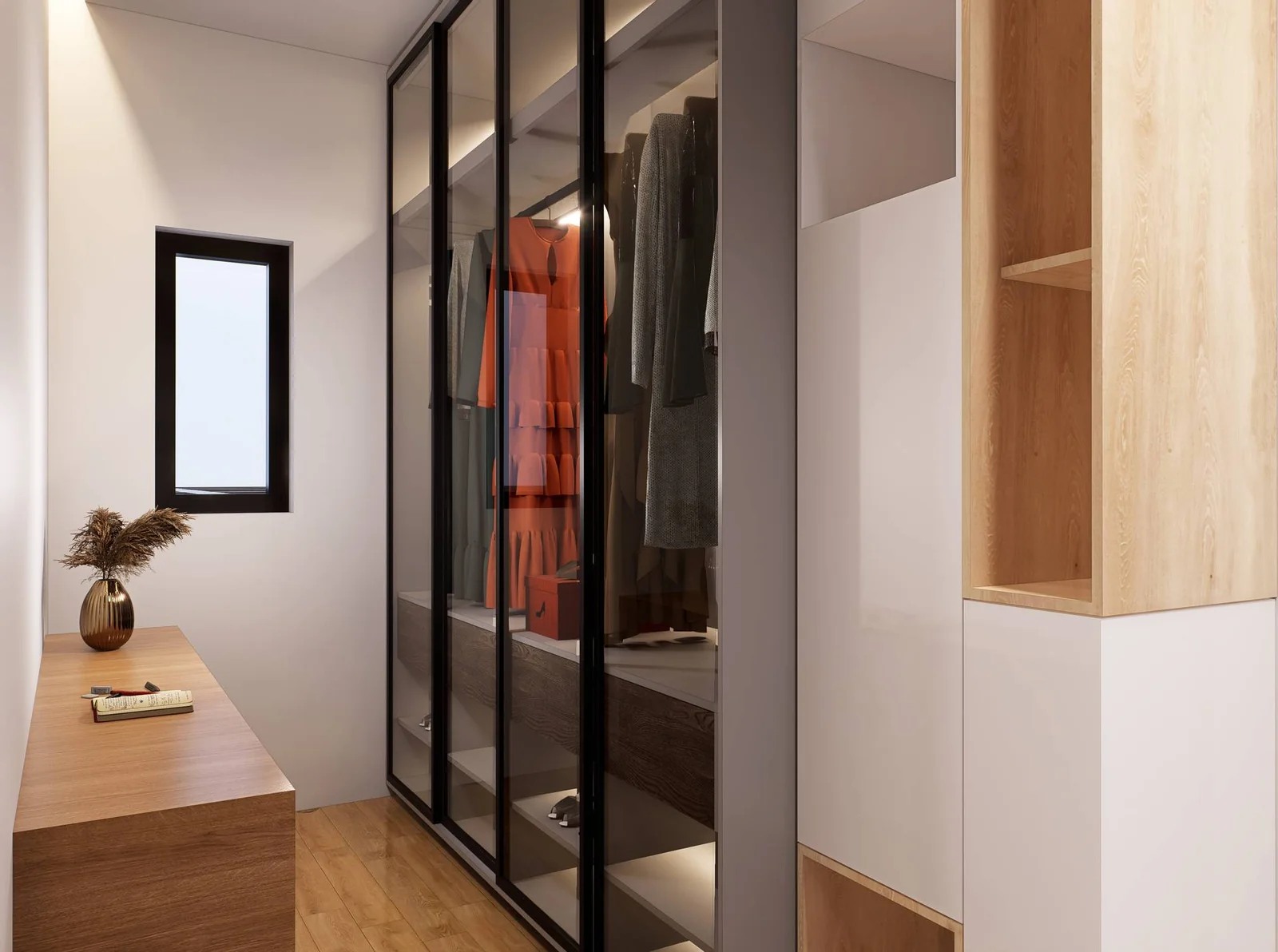 Levante Villas dressing area with glass-front wardrobe and timber joinery