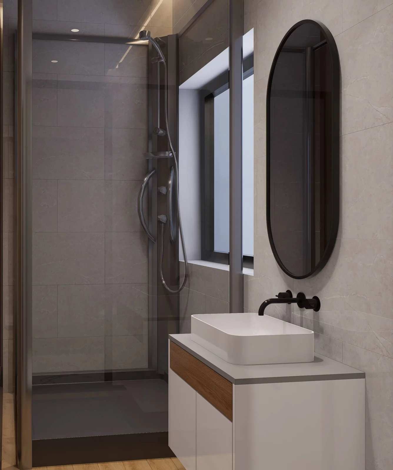 Levante Villas ensuite bathroom with glass shower and stone-look surfaces