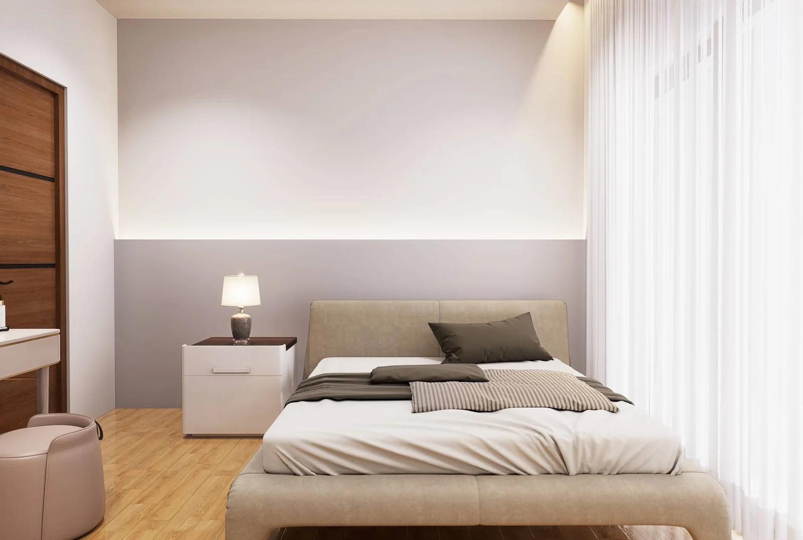 Levante Villas primary bedroom with upholstered bed and warm oak flooring