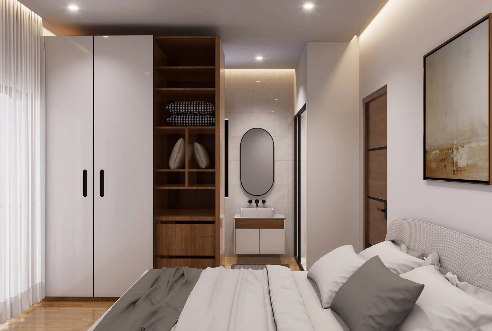Levante Villas bedroom with fitted wardrobe and ensuite vanity, Skroponeria