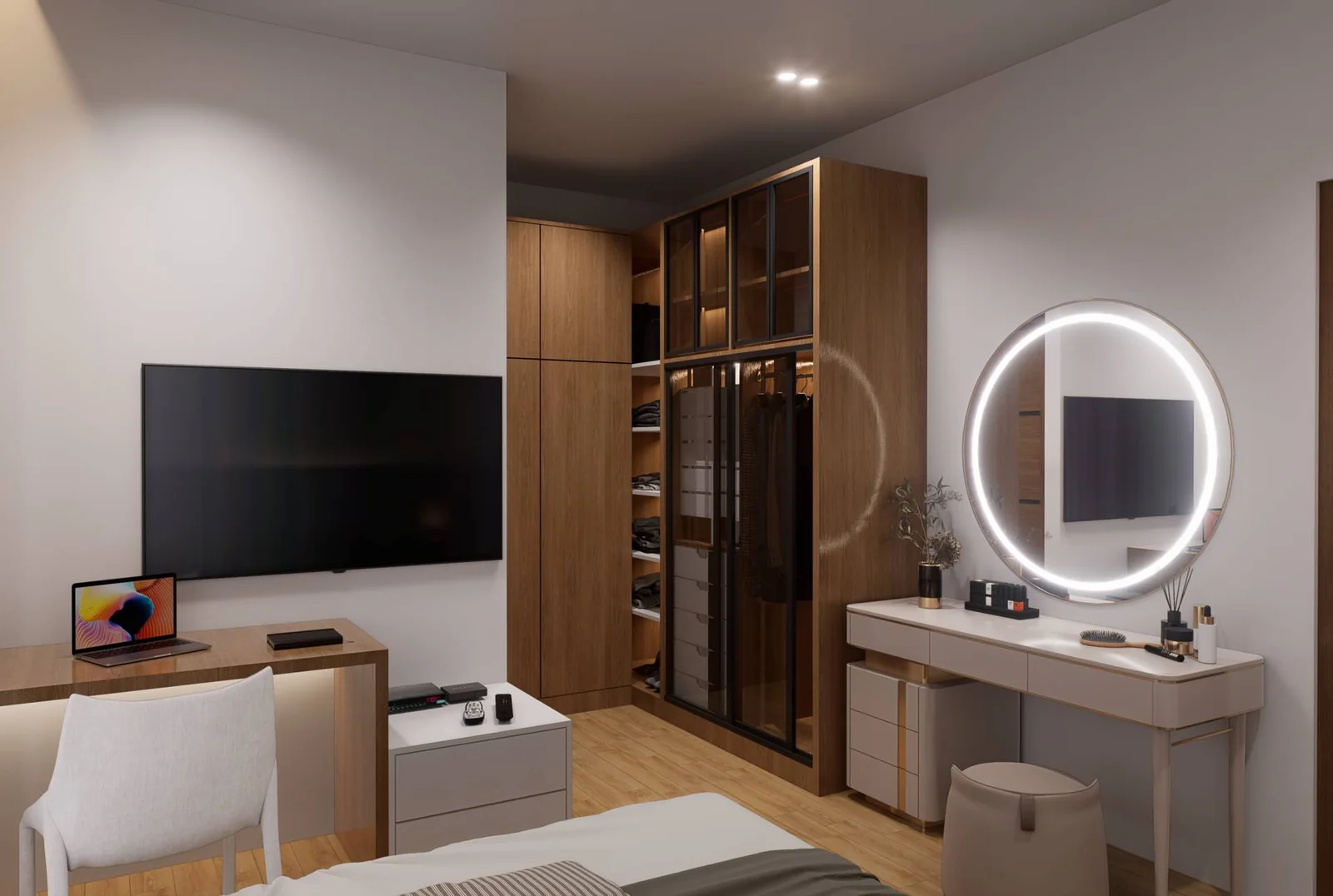 Levante Villas bedroom with dressing table, mirror and wall-mounted TV