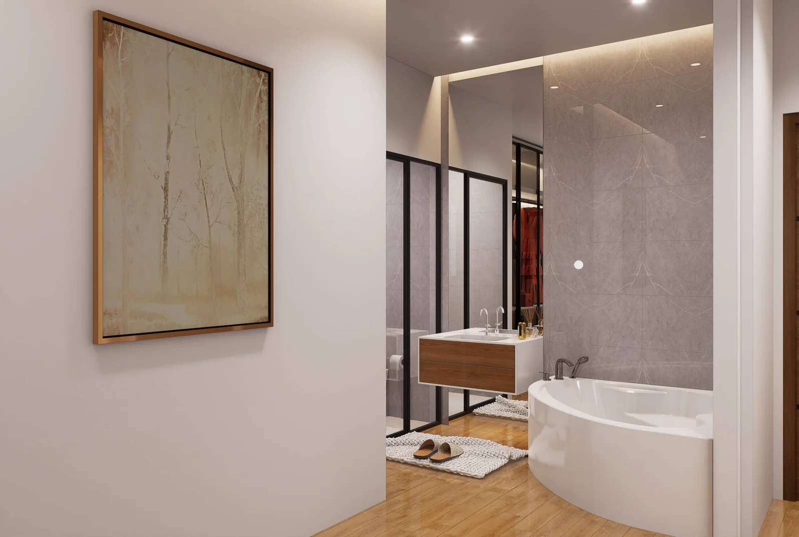 Levante Villas bathroom with freestanding bathtub and marble-effect tiling