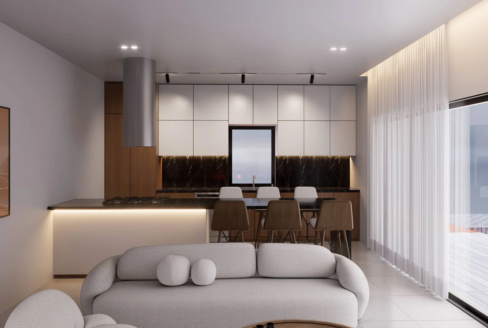 Levante Villas open-plan living and kitchen with island and lounge seating