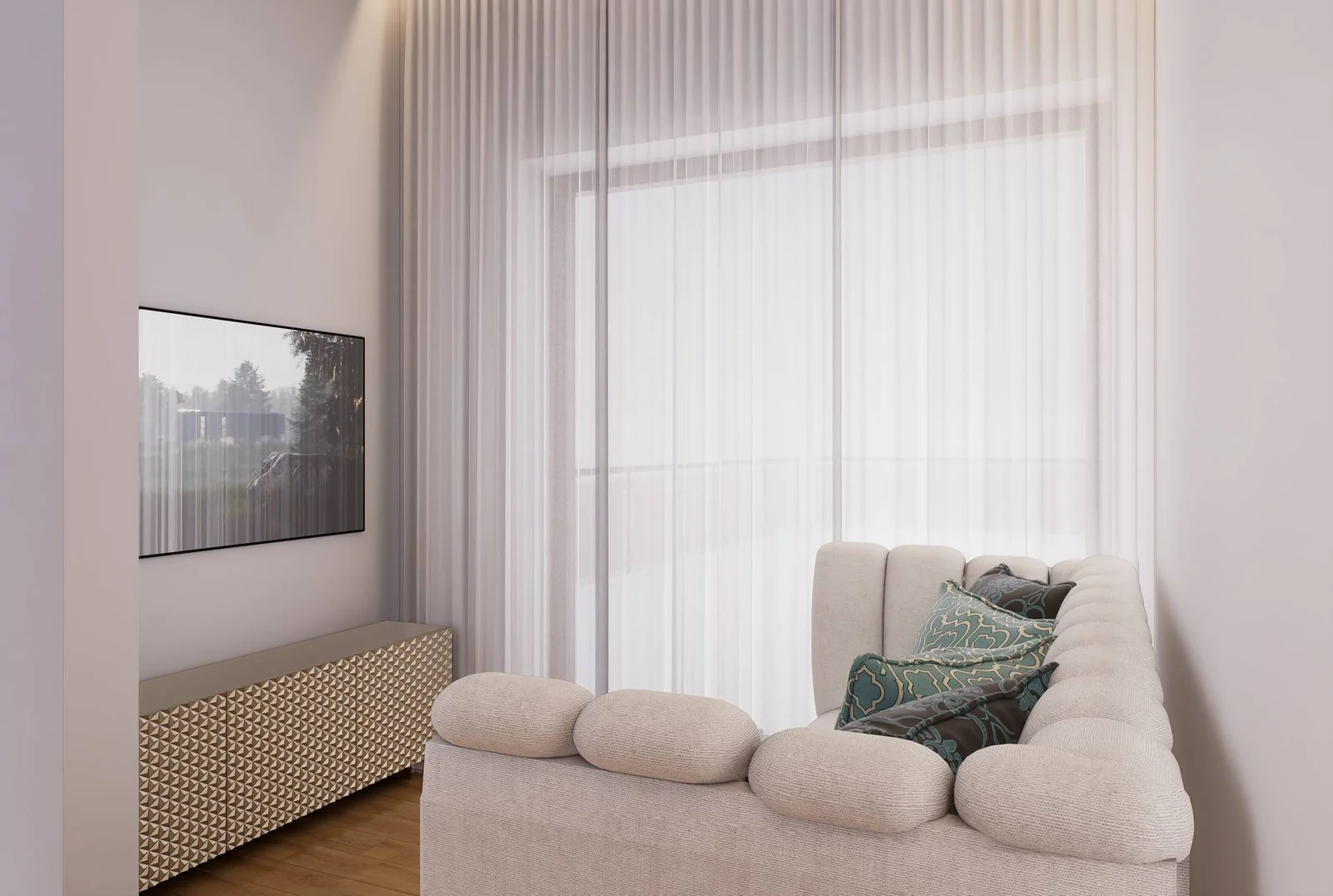 Levante Villas living area with soft seating beside full-height windows