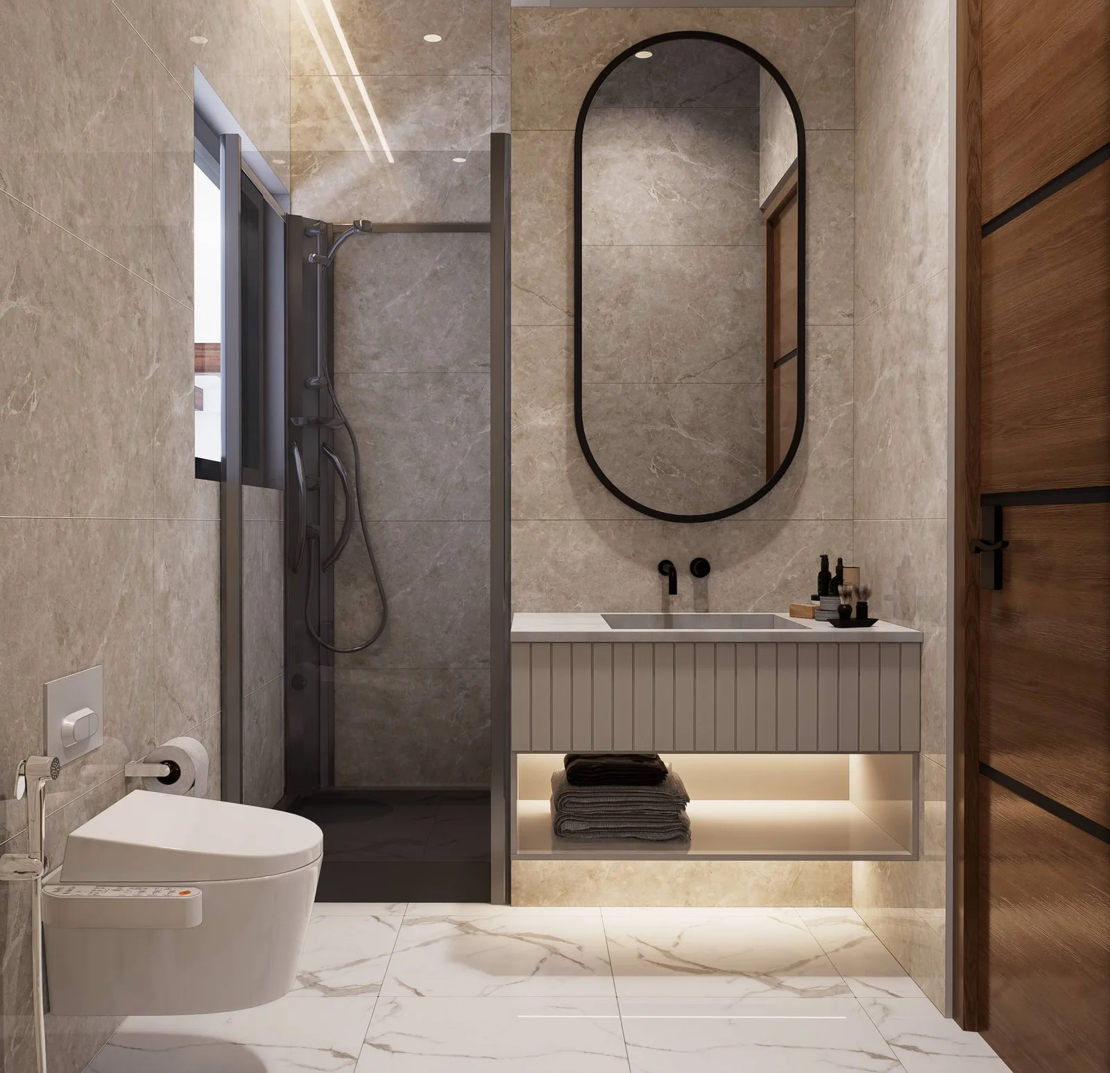 Levante Villas bathroom with walk-in shower and floating timber vanity