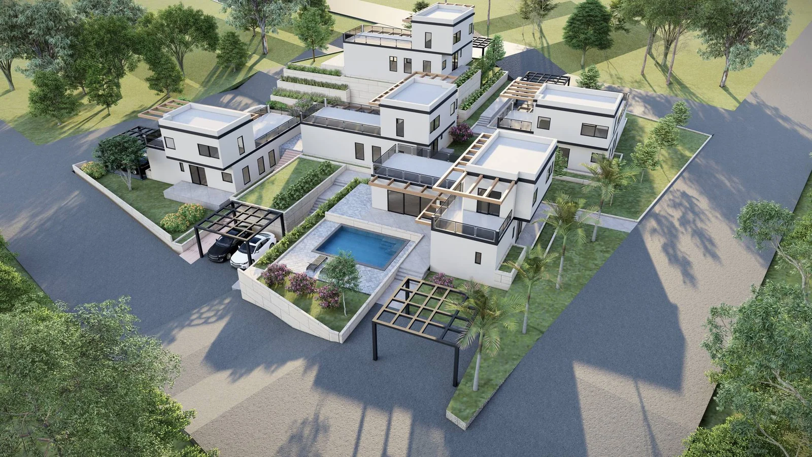 Levante Villas aerial view of the five-villa collection with pools, Skroponeria Evia