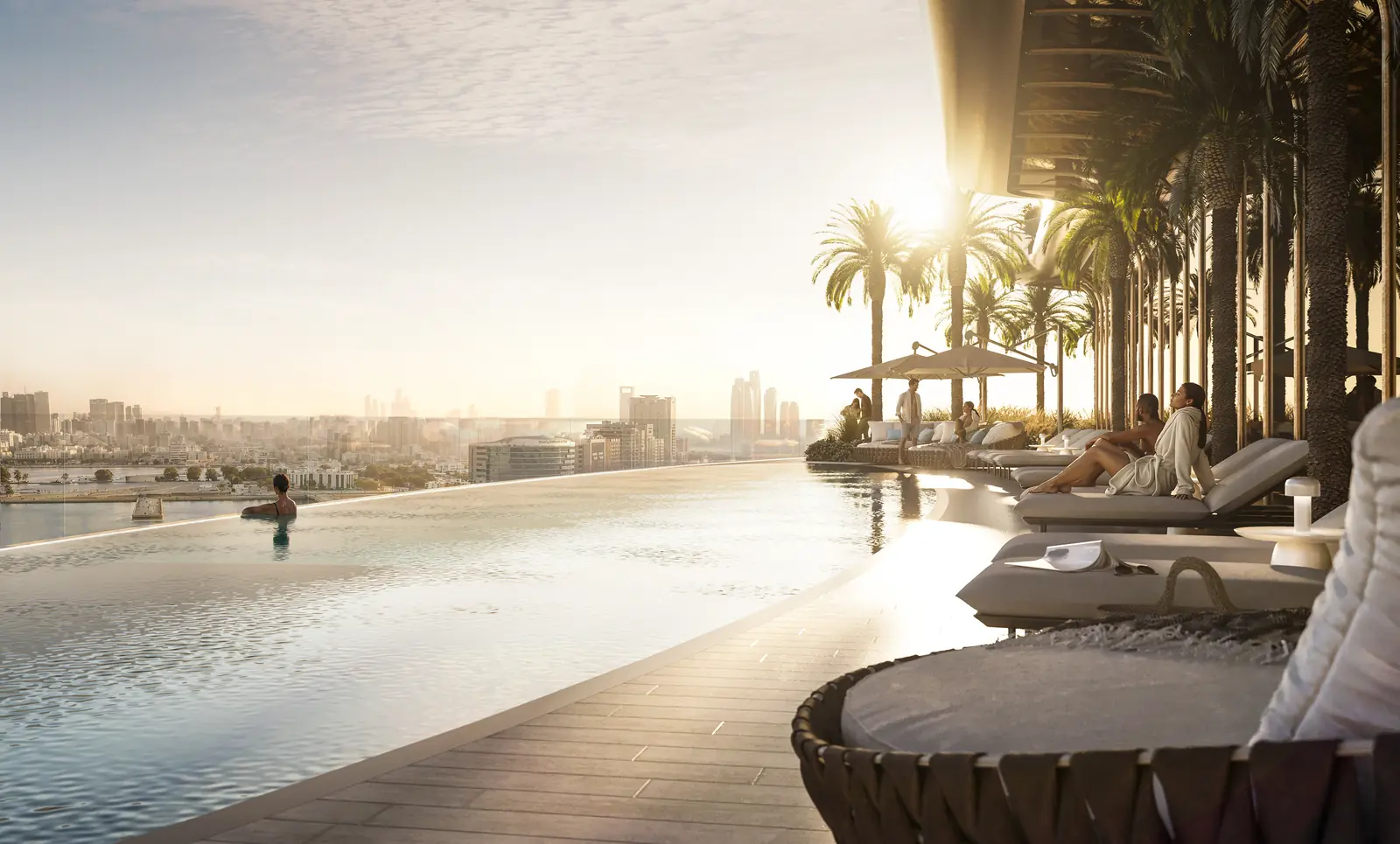 Jumeirah Residences elevated infinity pool at sunset with skyline views, Al Maryah Island