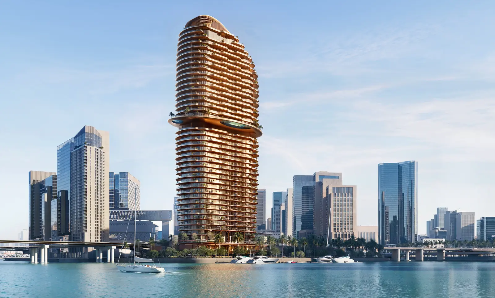 Jumeirah Residences tower rising over the waterfront and financial district skyline, Al Maryah Island Abu Dhabi