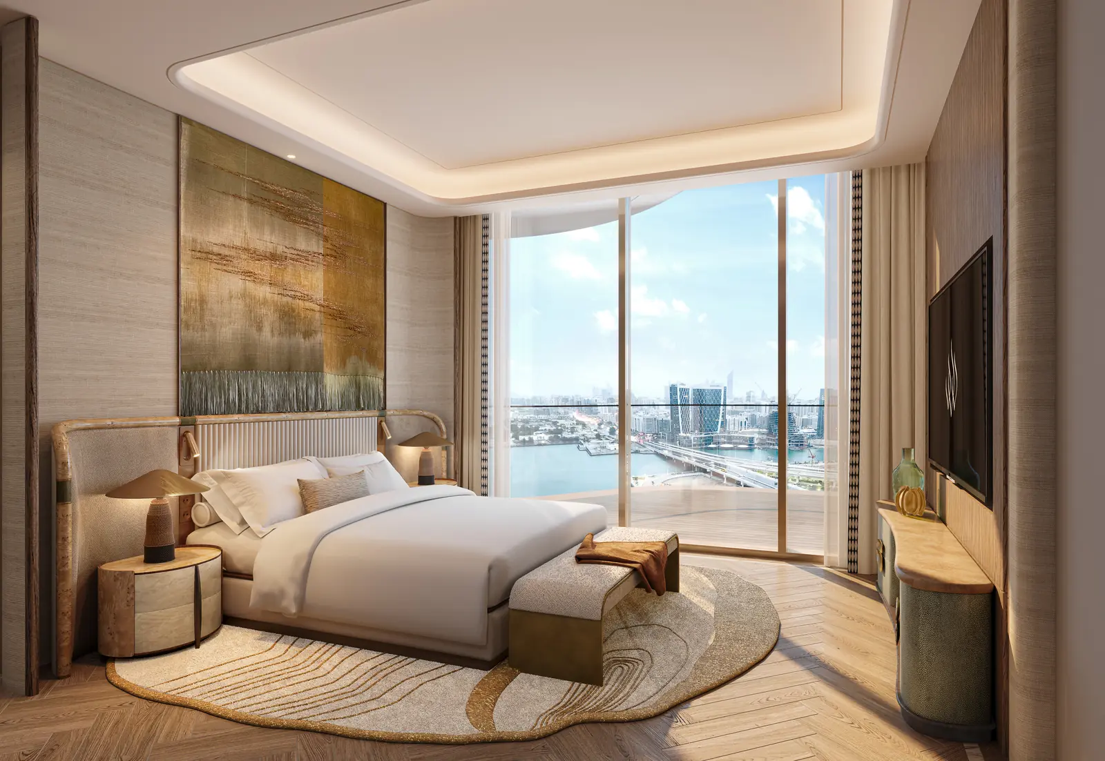 Jumeirah Residences bedroom with floor-to-ceiling window framing the waterfront, Al Maryah Island