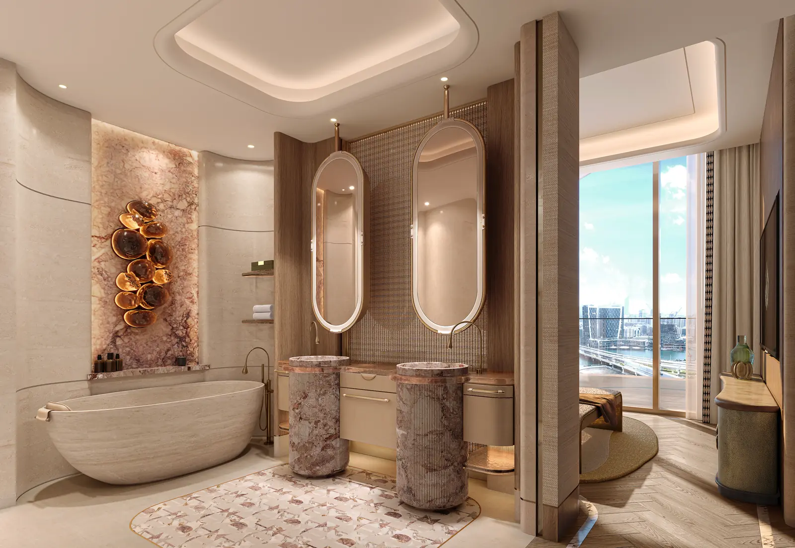 Jumeirah Residences primary bathroom with marble pedestal vanities and freestanding tub