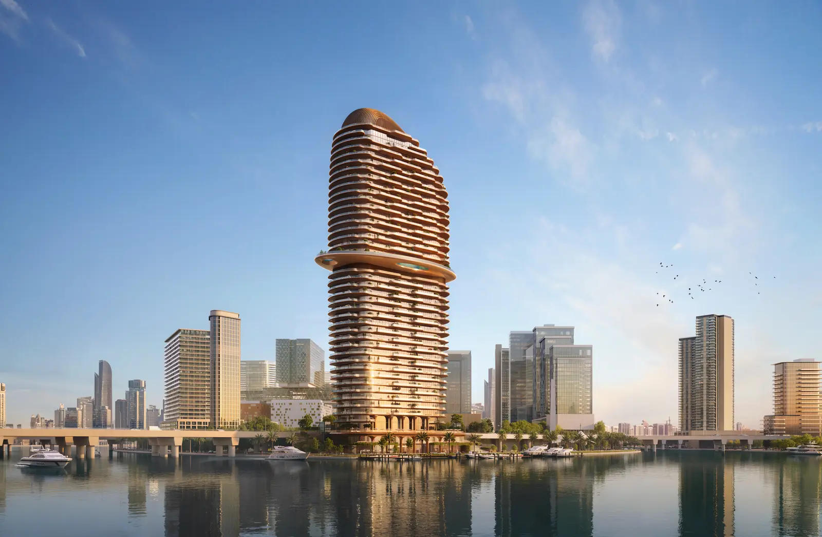 Jumeirah Residences Al Maryah Island amber waterfront tower with skyline reflection, Abu Dhabi