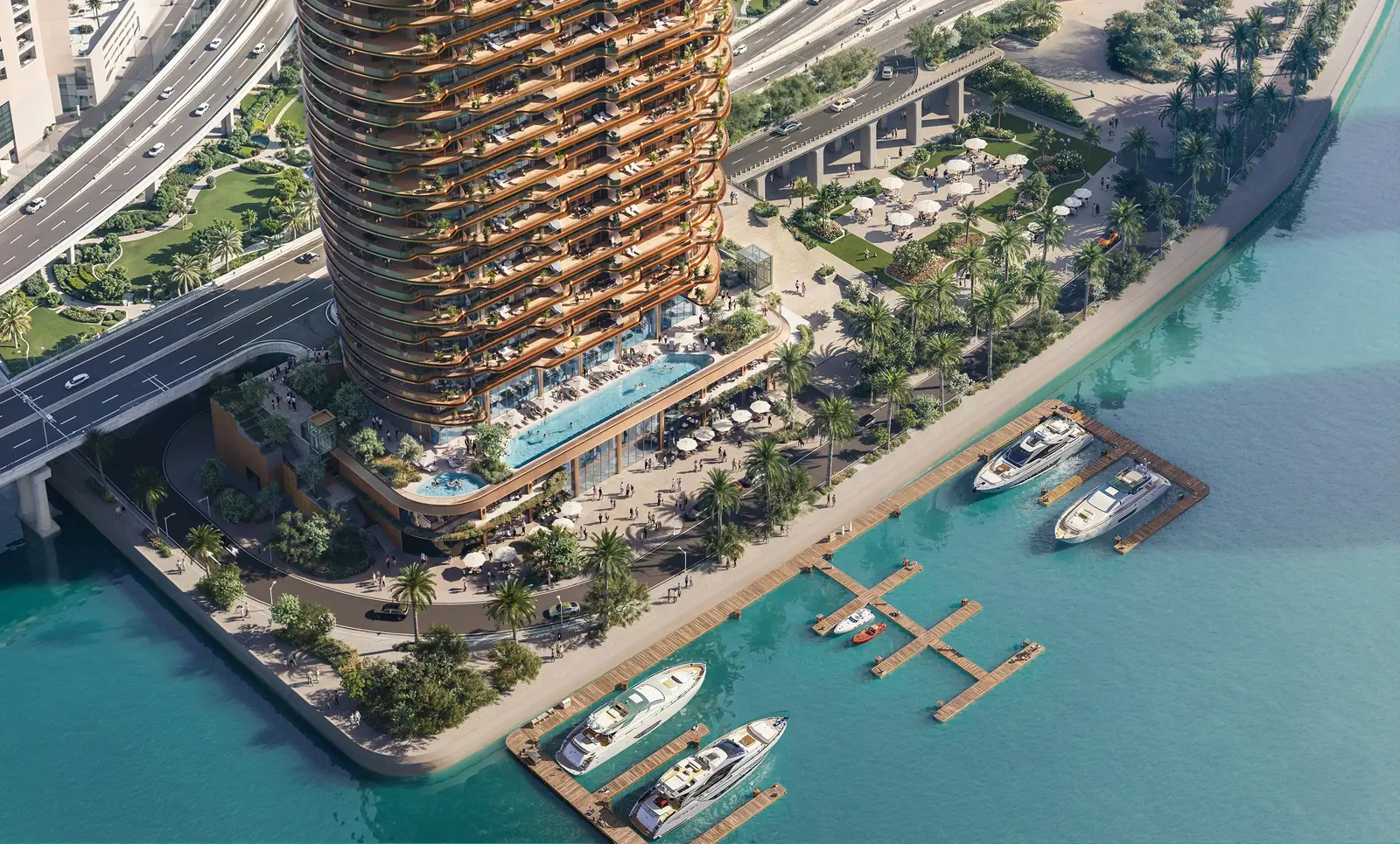 Jumeirah Residences aerial view with private marina and turquoise waterfront, Al Maryah Island Abu Dhabi