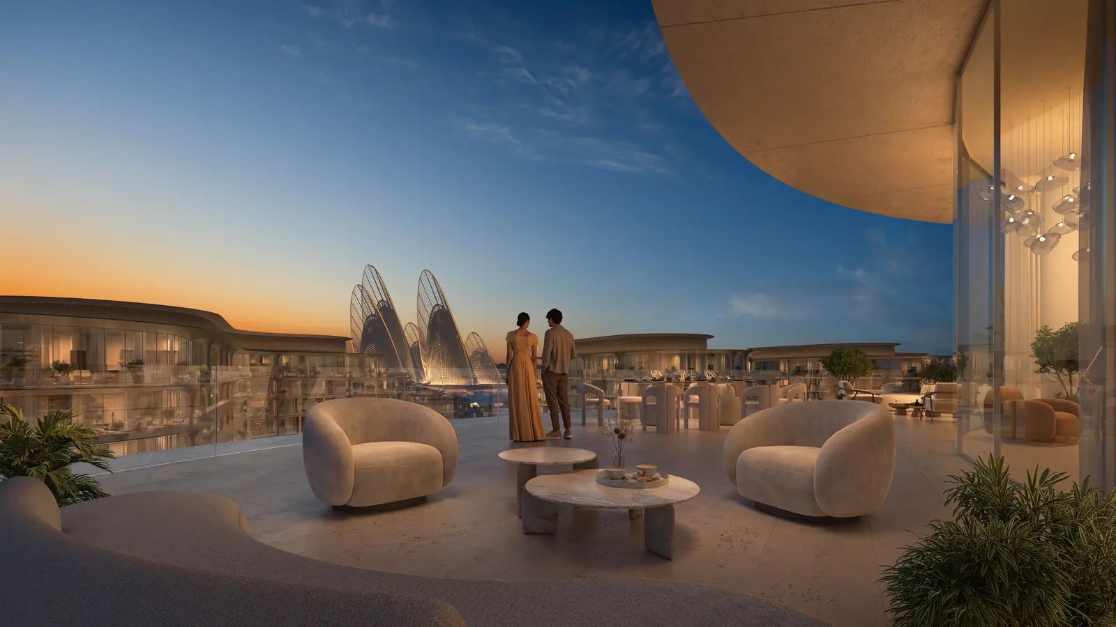 The Row Saadiyat private terrace at sunset with lounge seating and Guggenheim view, Saadiyat Island
