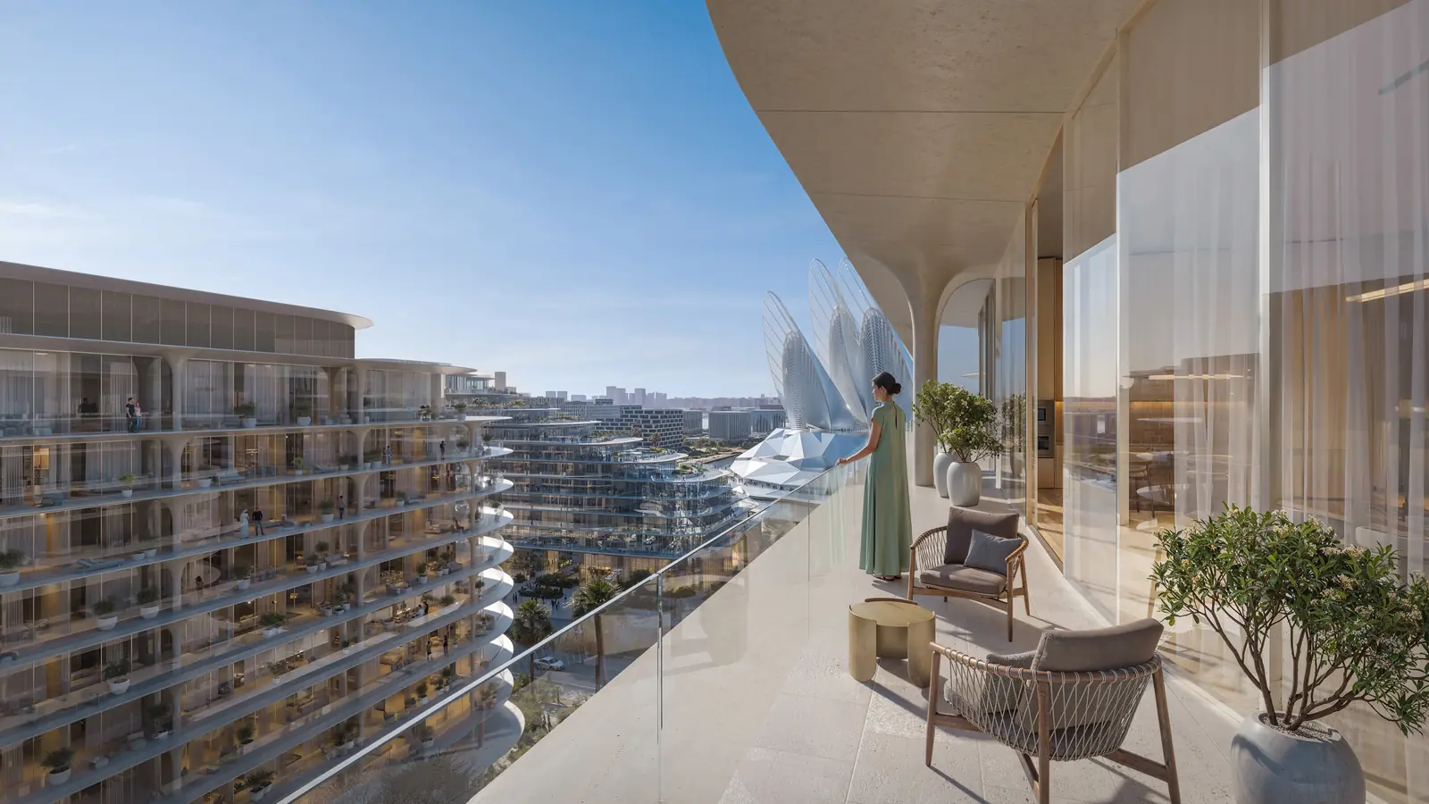 The Row Saadiyat residence balcony with resident overlooking Guggenheim Abu Dhabi, Saadiyat Island