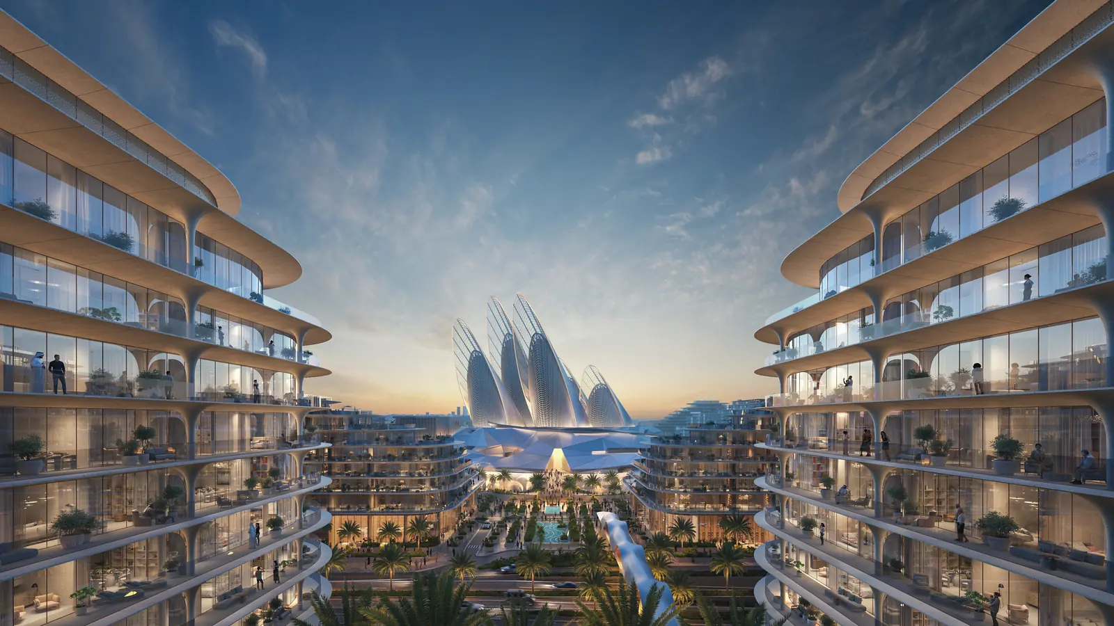 The Row Saadiyat courtyard at dusk between curved residences with Guggenheim Abu Dhabi beyond, Saadiyat Island