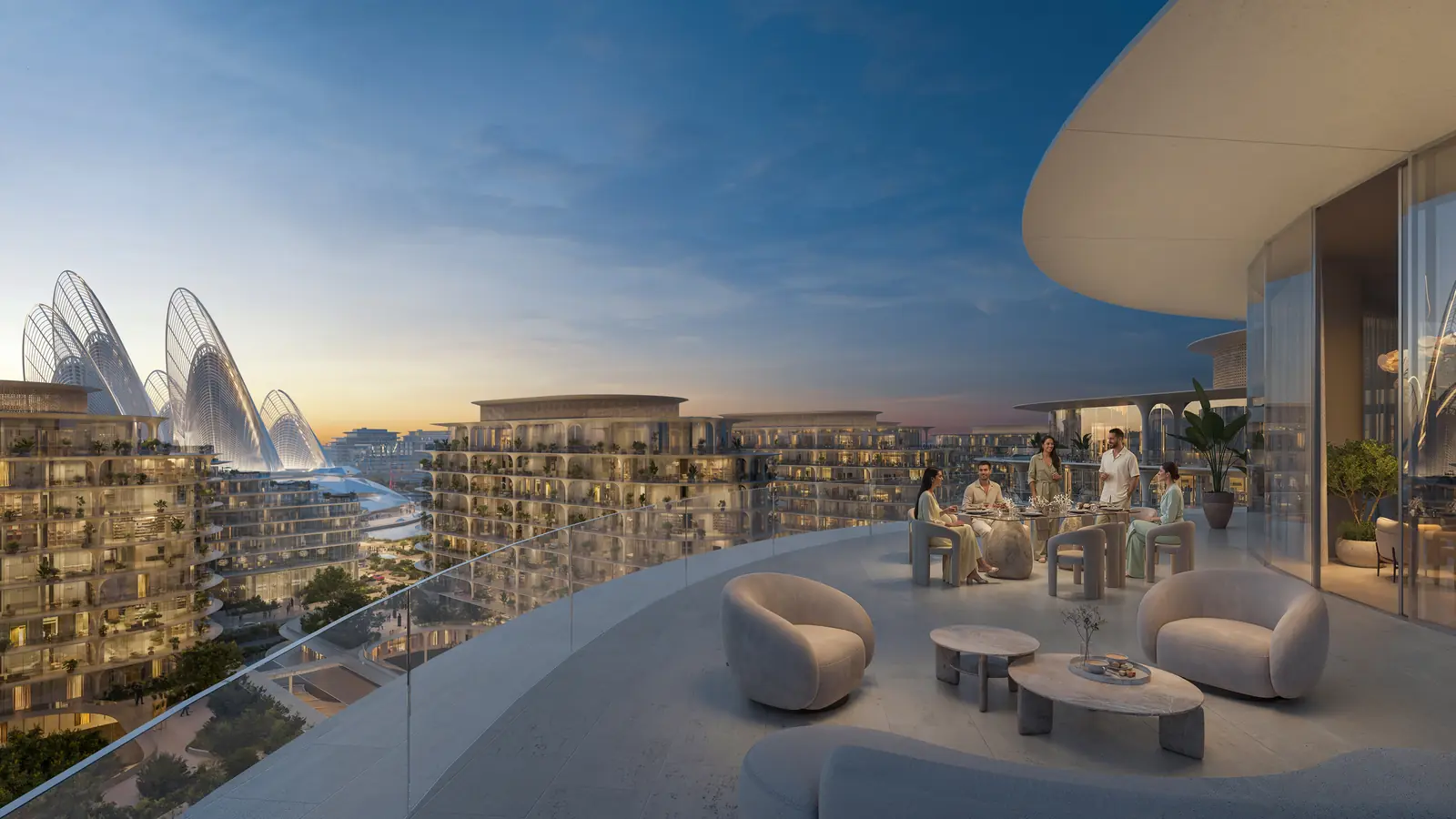 The Row Saadiyat rooftop terrace dining at dusk overlooking the Cultural District, Saadiyat Island
