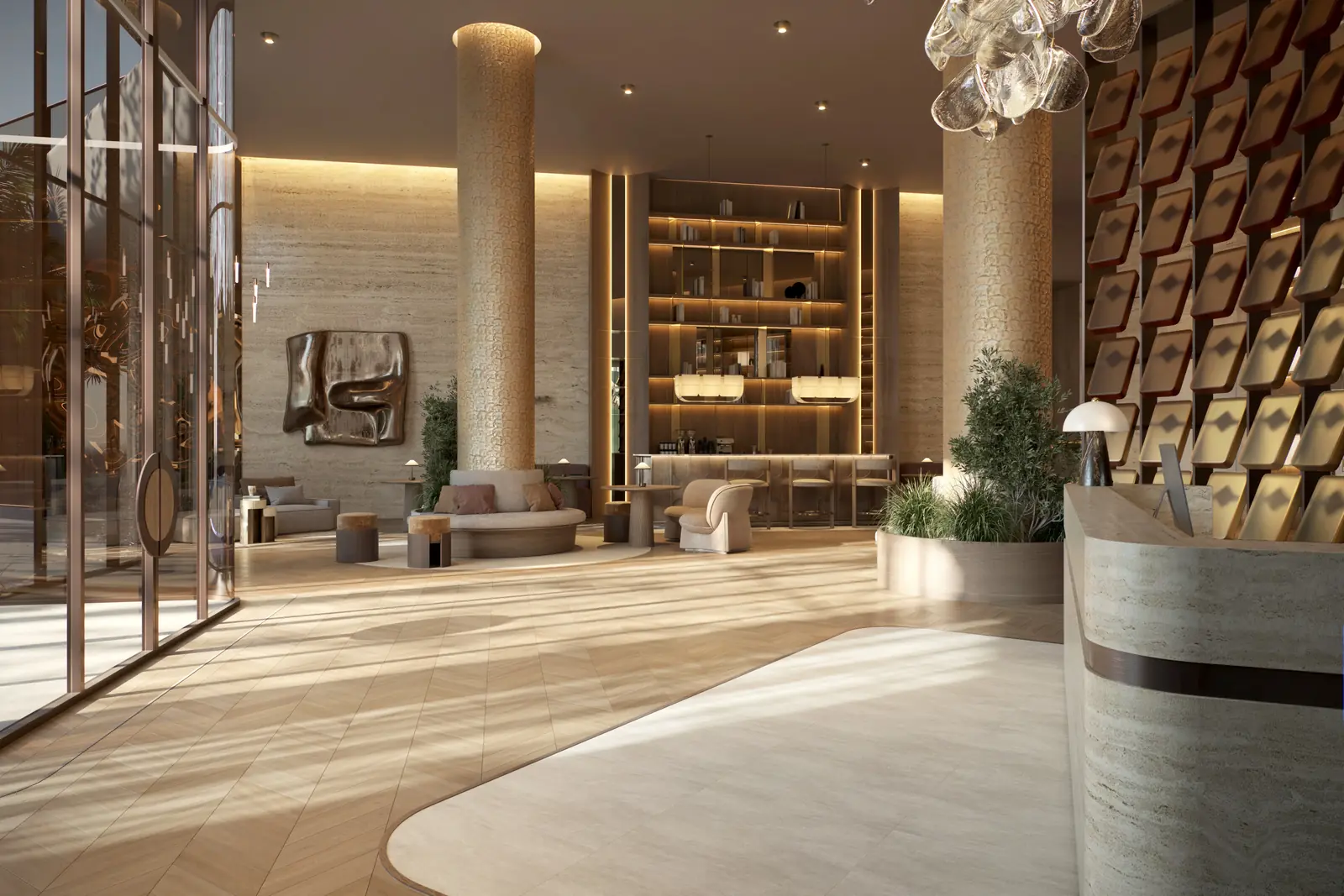 The Row Saadiyat residential lobby interior with travertine columns and lounge library