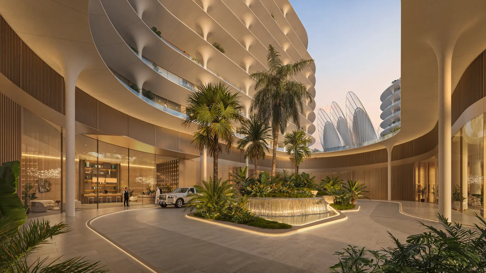 The Row Saadiyat arrival porte-cochere with palms and water feature, Saadiyat Island