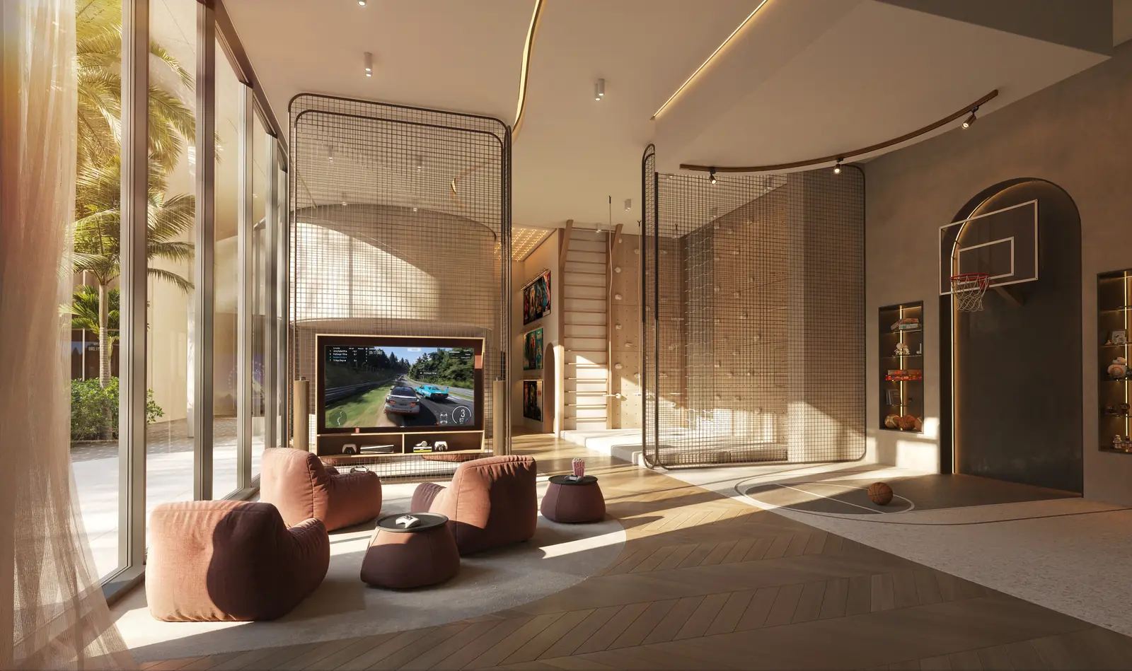 The Row Saadiyat children's play room with gaming screen, climbing net and basketball hoop