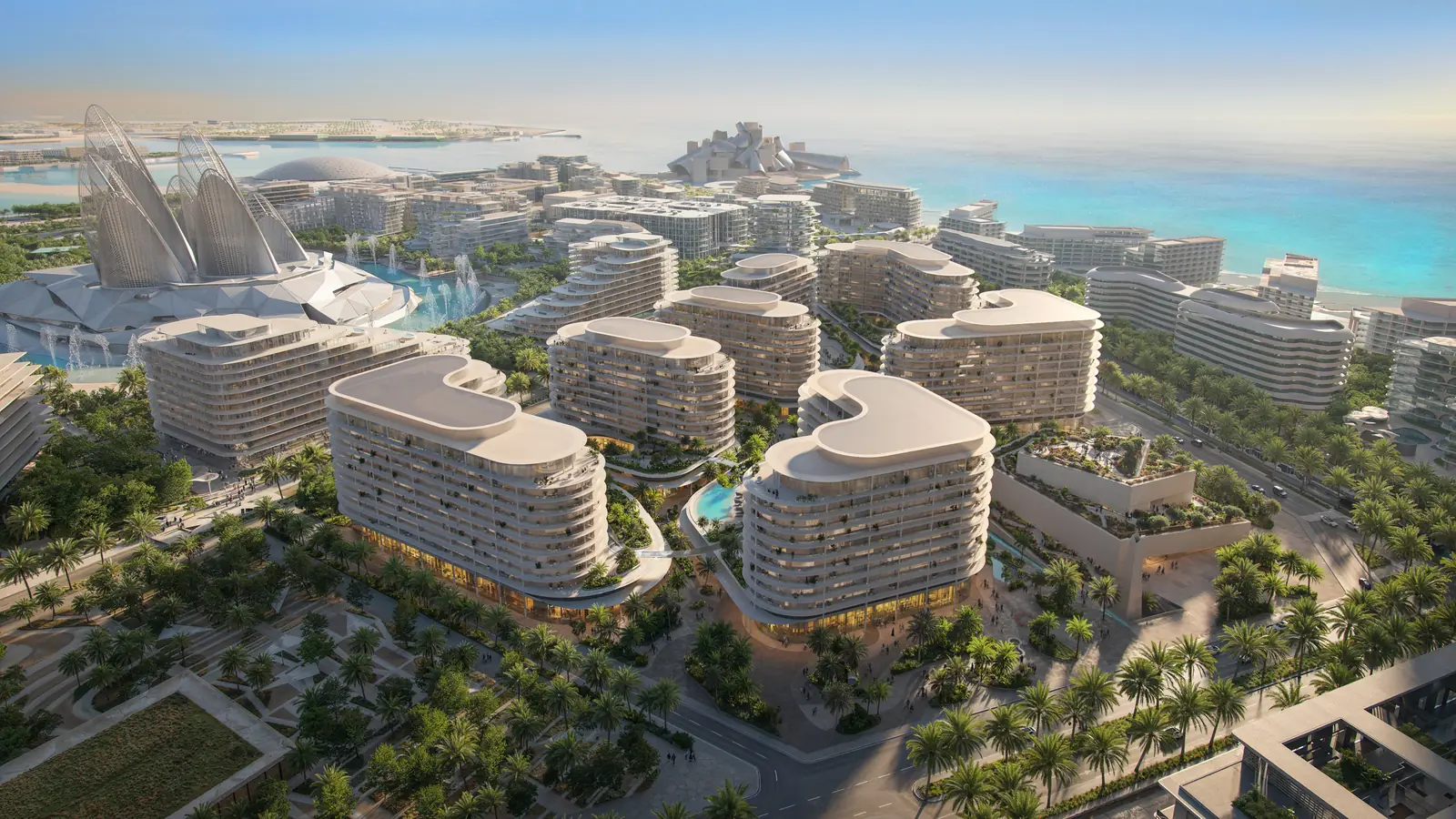 The Row Saadiyat aerial over Saadiyat Island with beach, sea and Louvre Abu Dhabi, Abu Dhabi