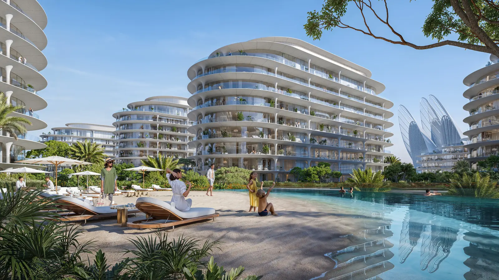 The Row Saadiyat lagoon pool with sun loungers framed by curved residences, Saadiyat Island Abu Dhabi