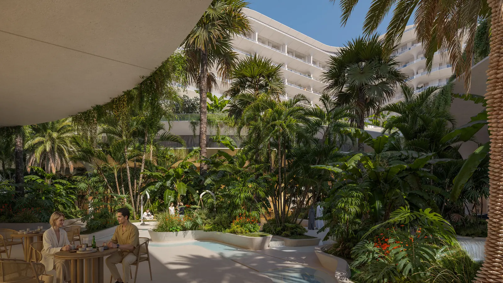 The Row Saadiyat garden cafe dining terrace amid tropical planting