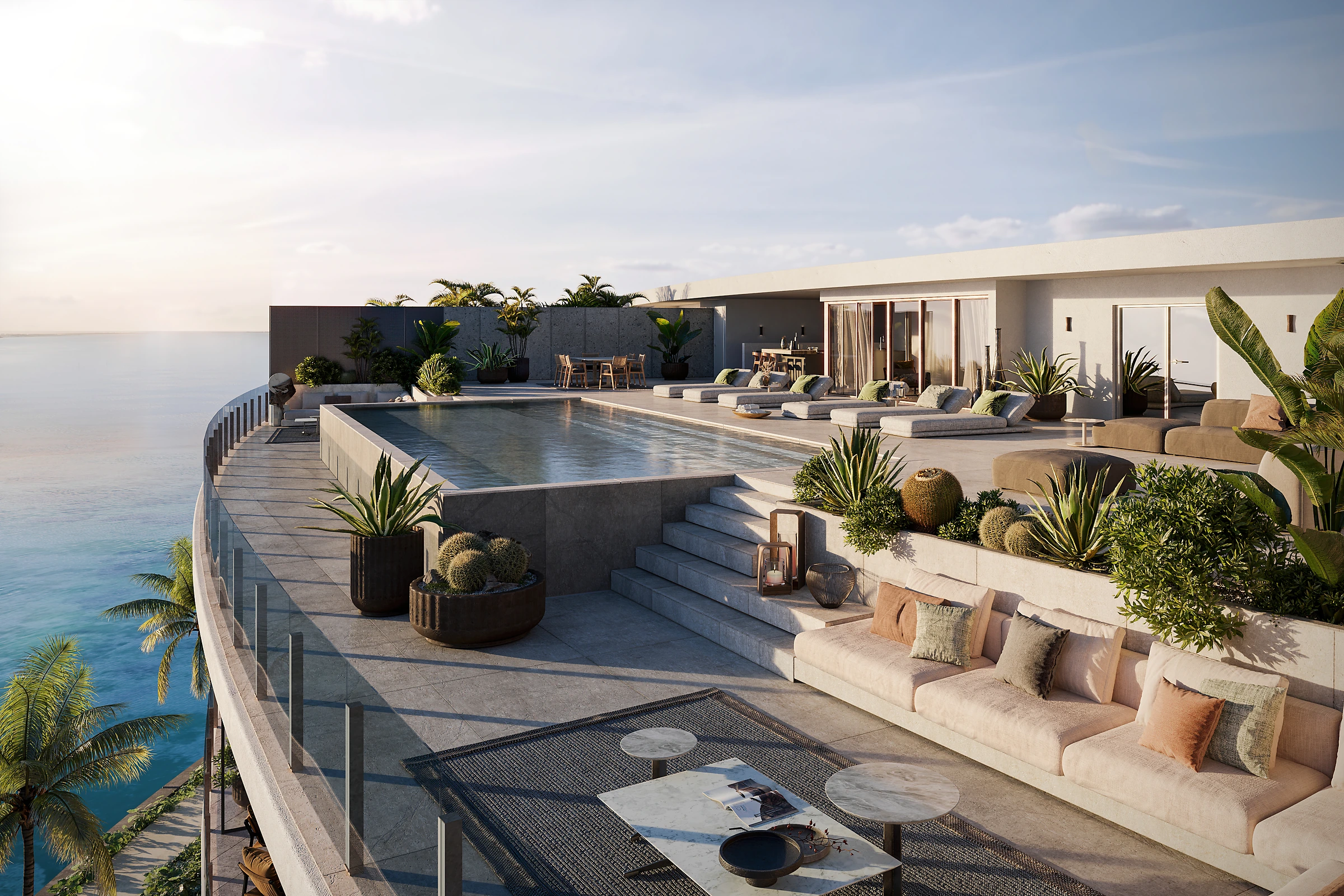 Vita Grove Isle penthouse rooftop terrace with pool and sunken lounge at sunset, Coconut Grove Miami