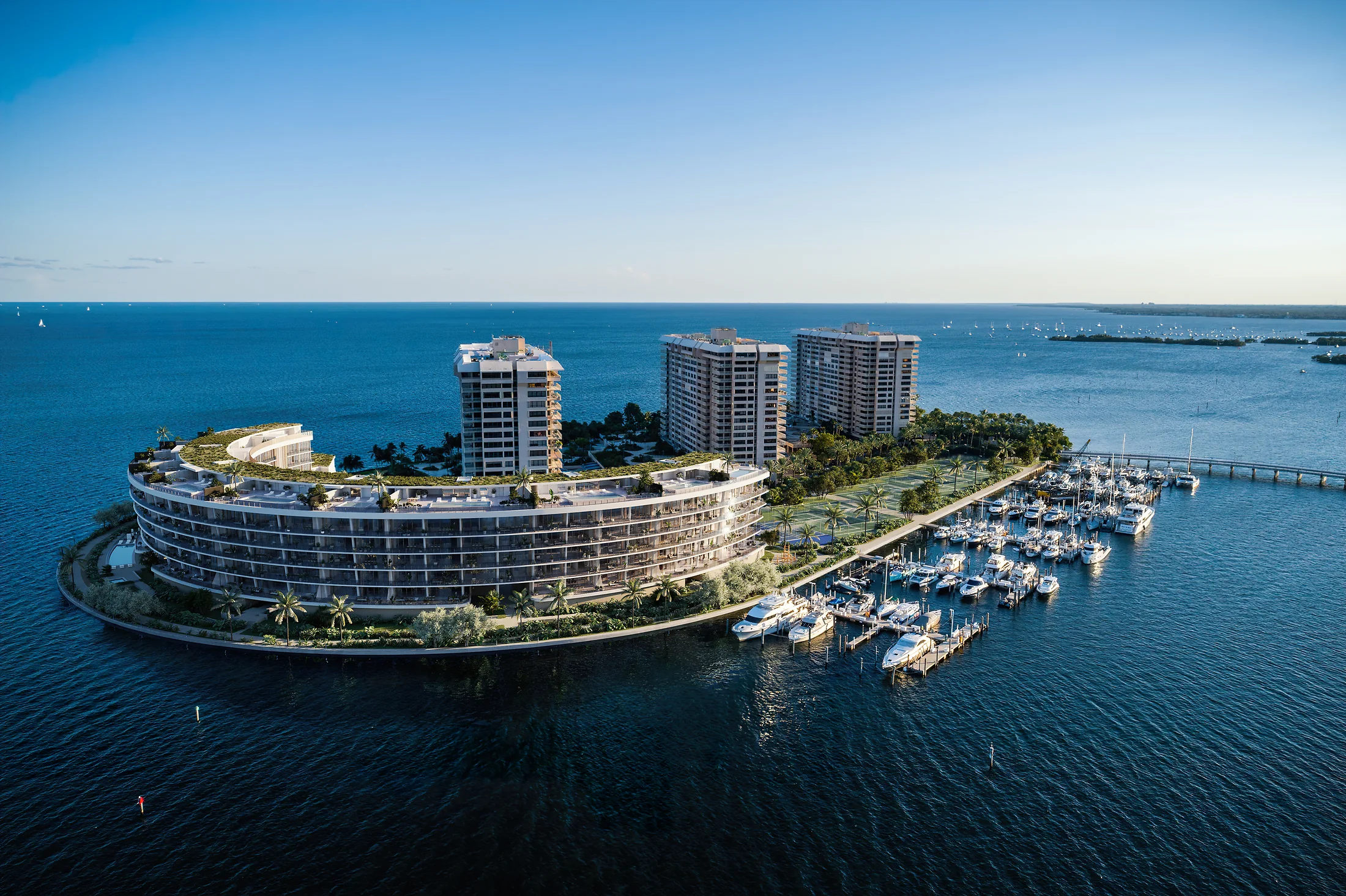 Vita at Grove Isle private island building and marina aerial over Biscayne Bay, Coconut Grove Miami