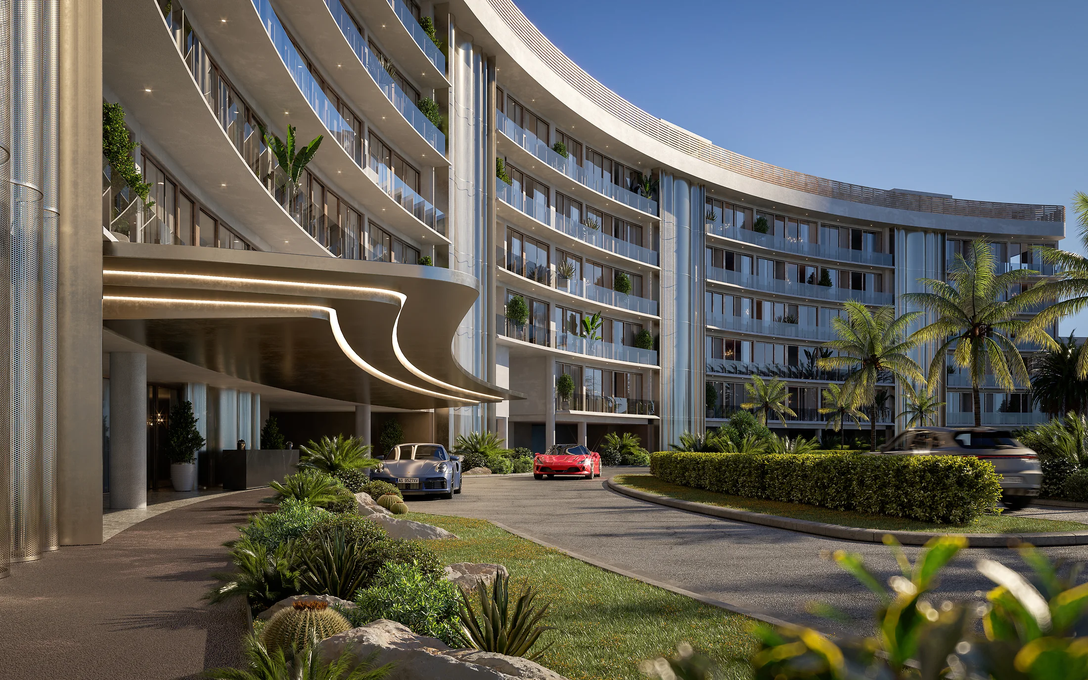 Vita at Grove Isle arrival court and curved facade with landscaping, Coconut Grove Miami