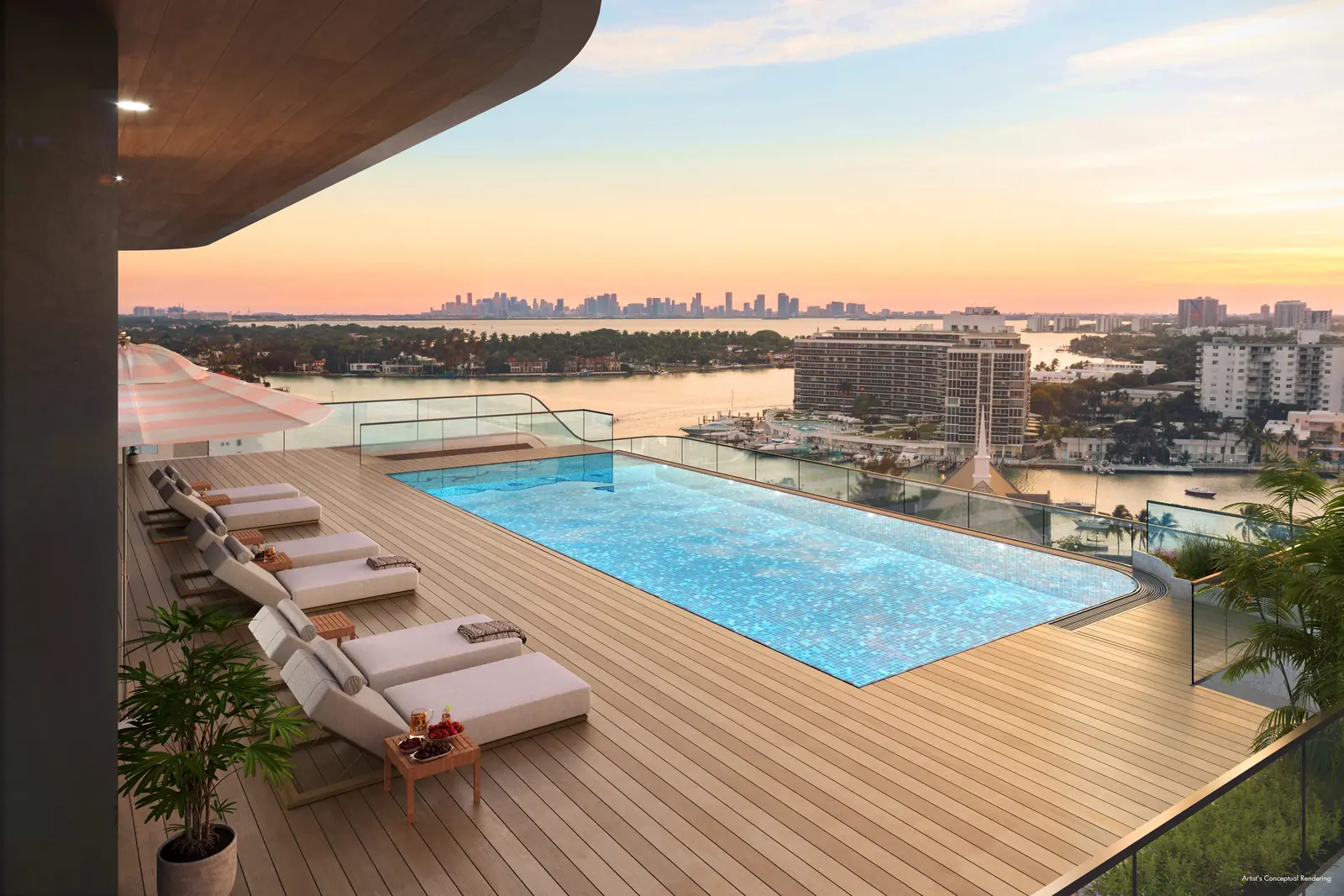 Ella Miami Beach rooftop pool and teak sundeck facing Biscayne Bay at sunset, North Beach Miami Beach