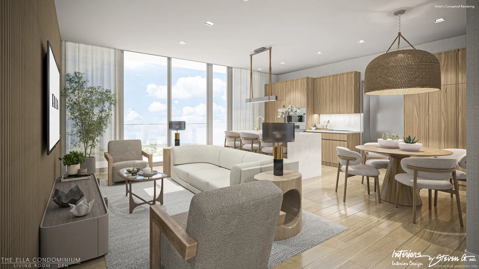 Ella Miami Beach penthouse living room and den with oak joinery, dining area and full-height glazing