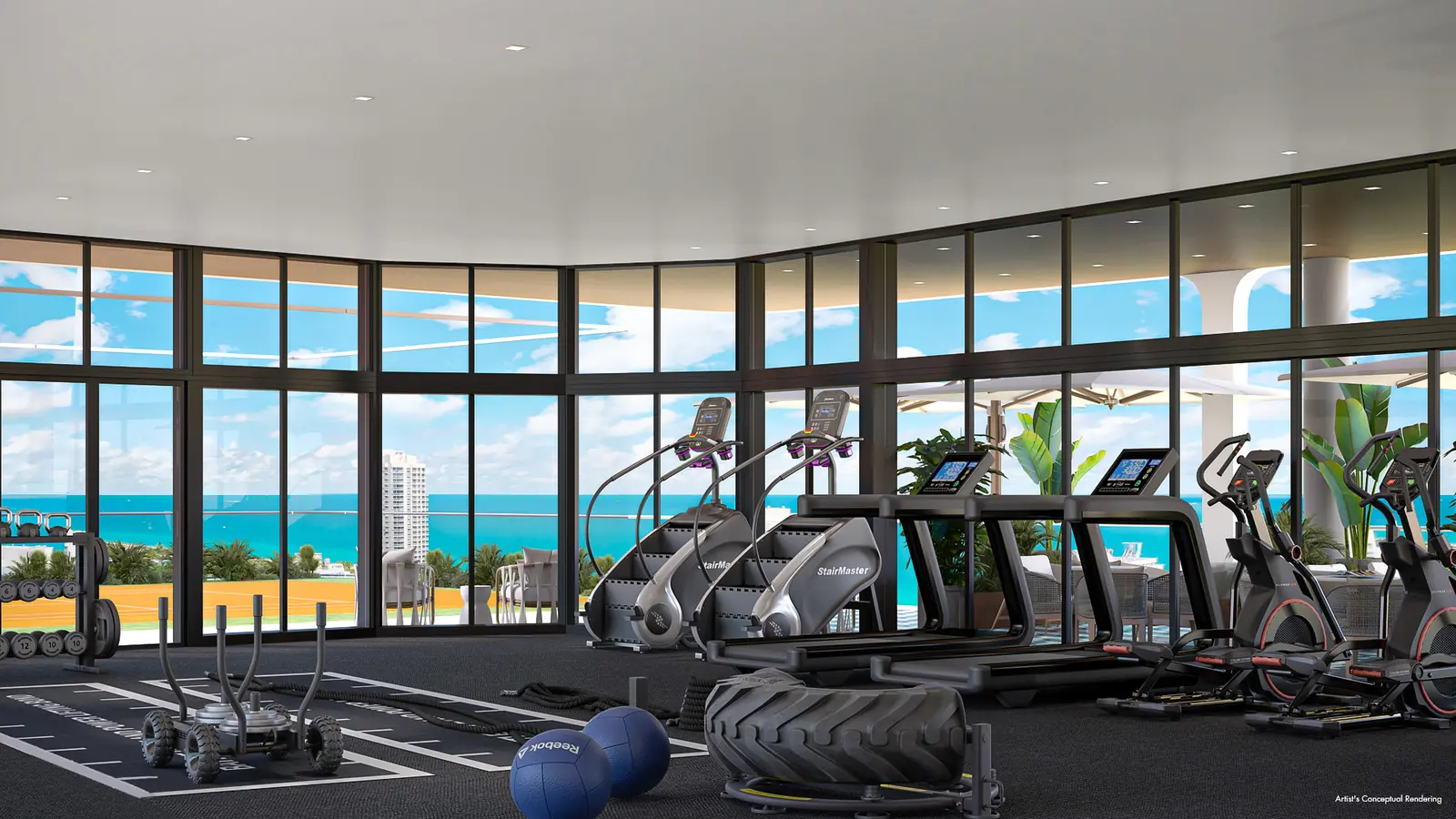 Ella Miami Beach fitness center with floor-to-ceiling glazing and ocean views, North Beach Miami Beach