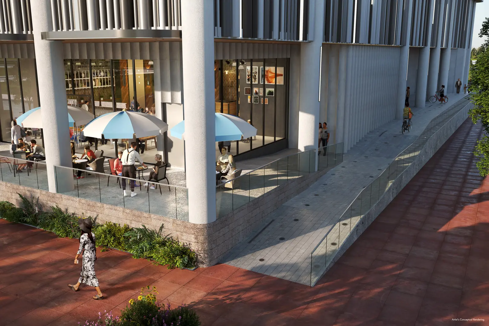 Ella Miami Beach ground-floor retail terrace with striped parasols and glass balustrade, North Beach