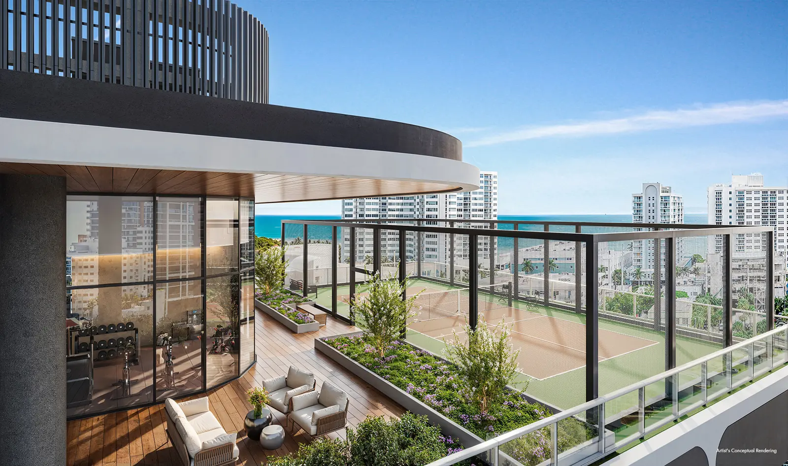 Ella Miami Beach rooftop pickleball court with planted terrace and Atlantic Ocean beyond, North Beach