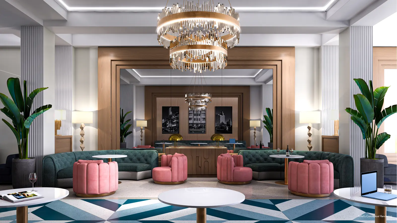 Ella Miami Beach grand lobby lounge with tiered crystal chandelier, green banquettes and geometric floor