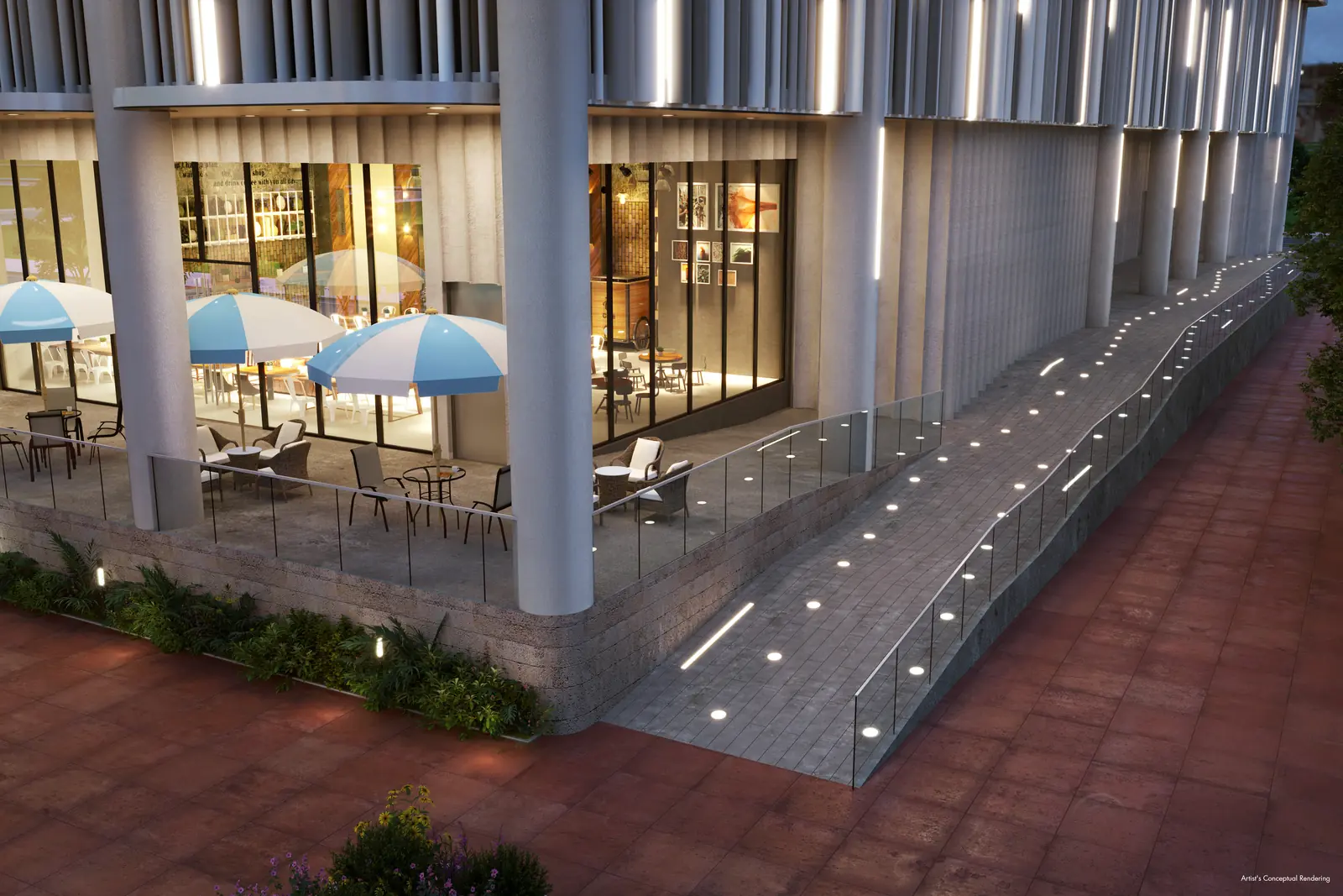 Ella Miami Beach paseo walkway with recessed lighting alongside the retail terrace, North Beach Miami Beach