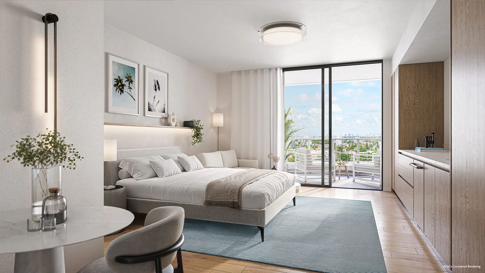 Ella Miami Beach studio residence with sleeping area, kitchenette and private terrace beyond